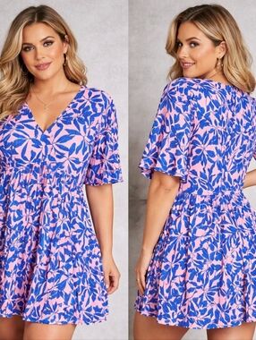 ELOQUII Floral Tunic Dress Size 18 Pink Blue Leaf Print V-Neck Flowy Boho NWTDe